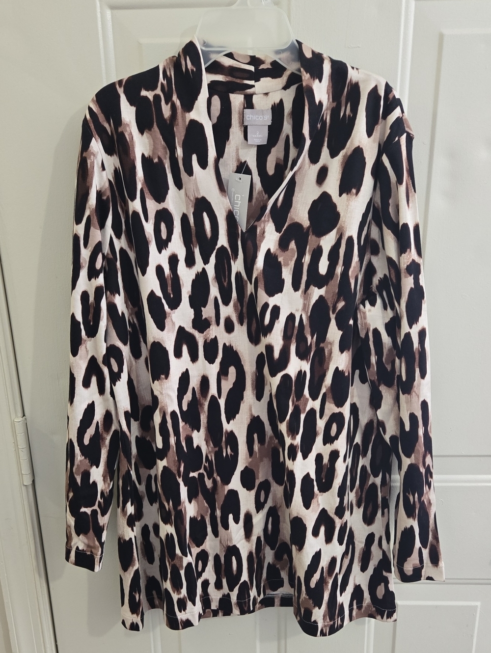 NWT Chico's 2 Leopard Print Long Sleeve Tunic Blouse Office Neutral Pima Cotton